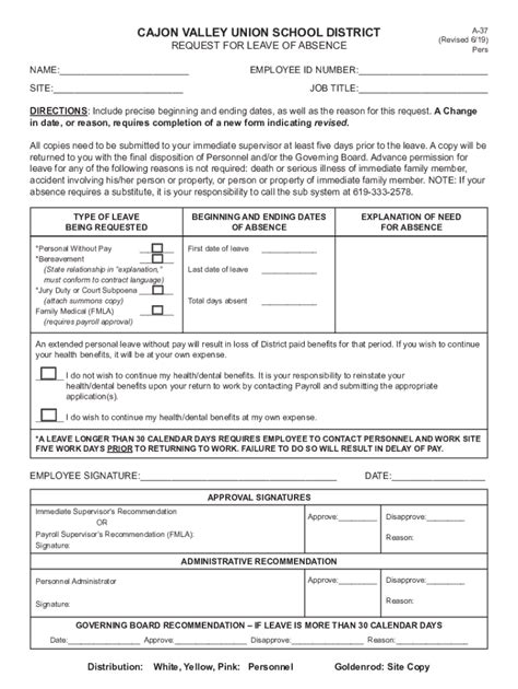 Fillable Online cajon valley union school district - request for leave ...