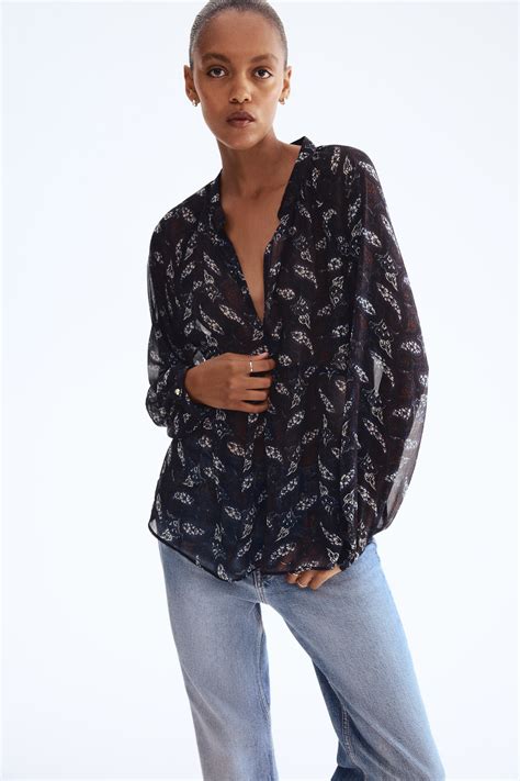 Patterned chiffon blouse - Navy blue/Paisley pattern - Ladies | H&M IN