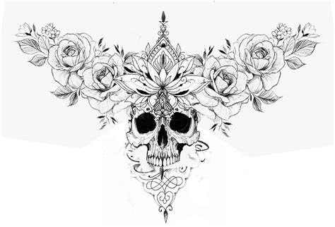 Black and White Skull and Flower Chest Tattoo Design