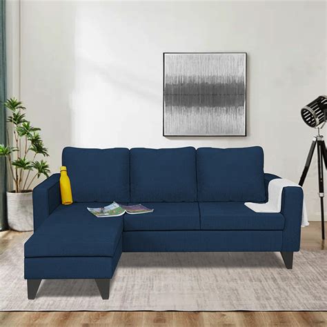 Adorn India Chandler L Shape 4 Seater Sofa Set Plain (Blue)
