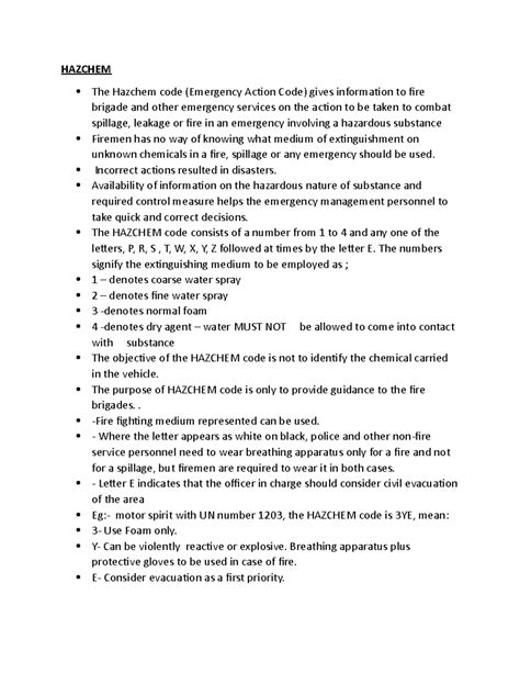 HAZChem - Lecture Notes on Emergency Response Codes and Safety - Studocu