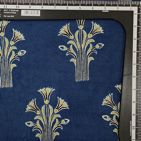 Pure Cotton Ajrak Rust Blue With Green Flower Plant Motif Hand Block P ...