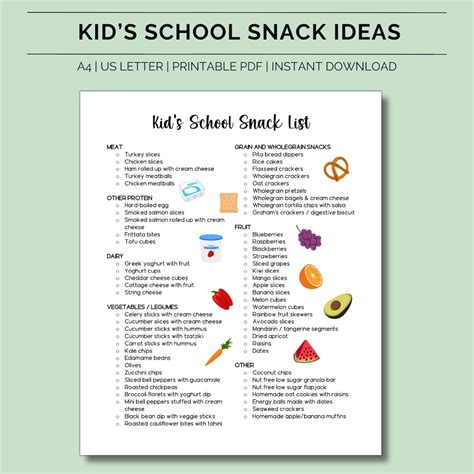 Printable Healthy School Snack List, Kid's School Snack Ideas, Home ...