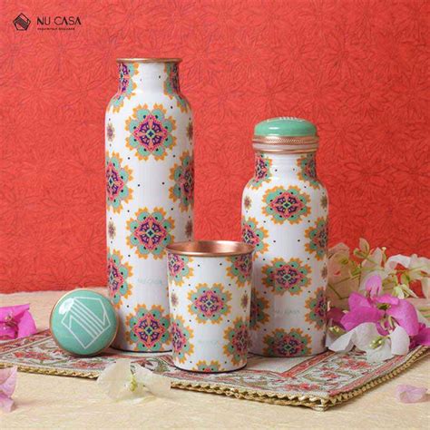Festive White Print Copper Bottle - 2 Bottles and 1 Glass - Nu Casa