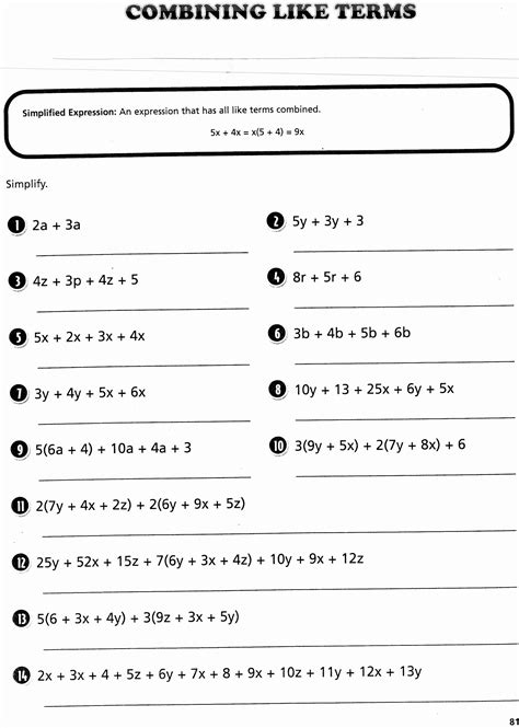 Combining Like Terms Elementary Worksheet - Adriansonfifth