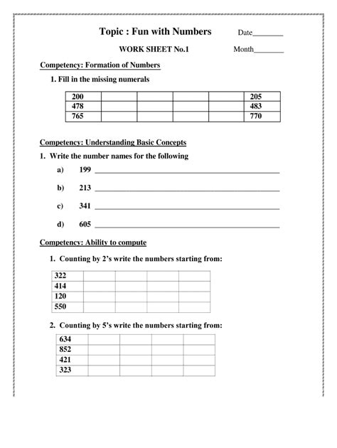Fillable Online Topic : Fun with Numbers Date WORK SHEET No.1 Month 1 ...