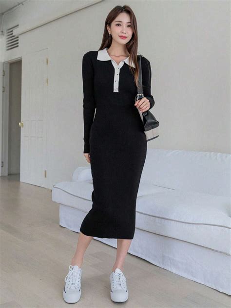 DAZY Contrast Collar Button Front Ribbed Knit Sweater Dress | SHEIN USA