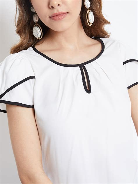Women Solid White Round Neck Contrast Trim Front Cutout Crepe Regular ...