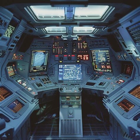 The interior of a large spaceship cockpit with advanced controls ...