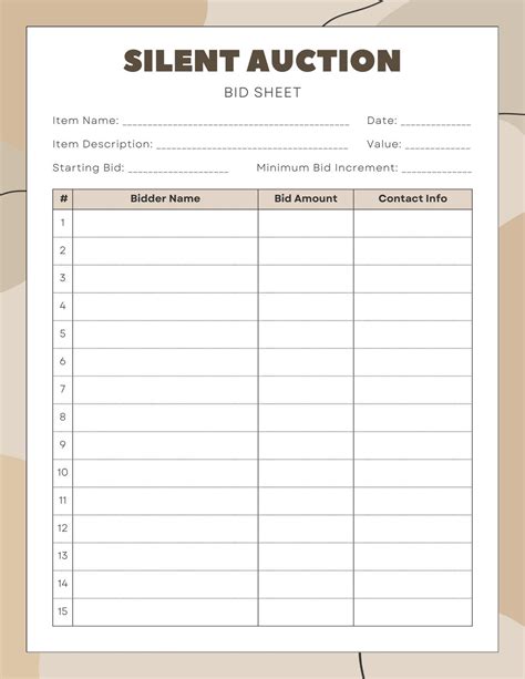 Printable Silent Auction Bid Sheets Template