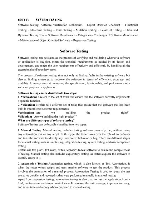 Unit 4 - OOSE - UNIT IV SYSTEM TESTING Software testing: Software ...
