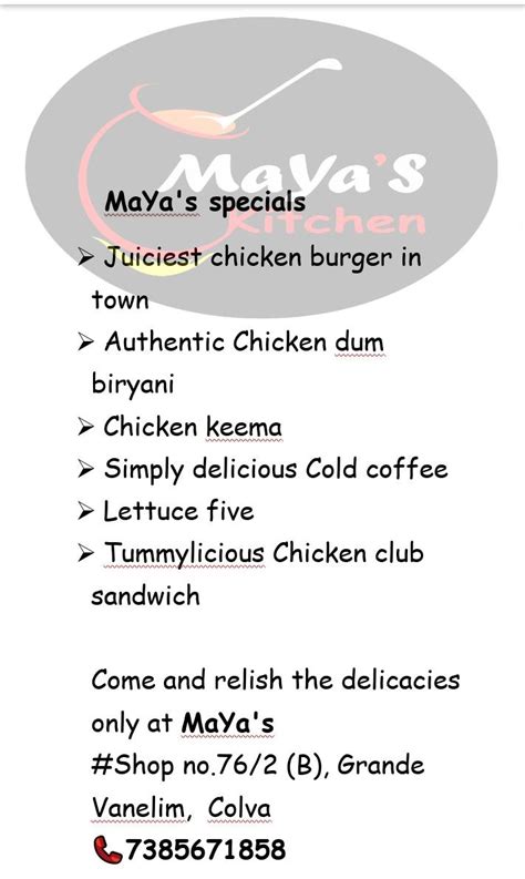 Menu at MaYa's Kitchen, Vanelim, Colva - Benaulim Rd