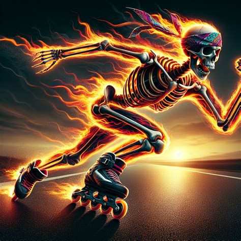 Badass skeleton with flames wearing a bandana while rollerbladin Blank ...