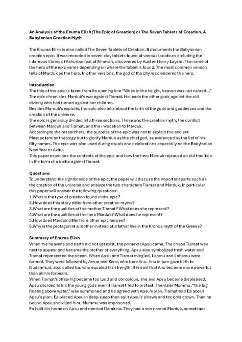 Enuma Elish summary - Ancient cultures 251 - An Analysis of the Enuma ...