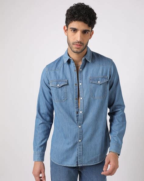 Slim Fit Denim Shirt with Flap Pockets - Price History
