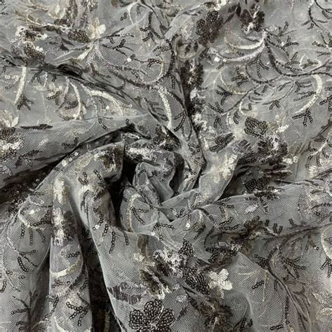 Grey Colour Net Embroidered Fabric