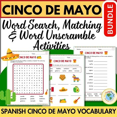 BUNDLE Spanish Cinco de Mayo Vocabulary Word Search Matching Unscramble ...