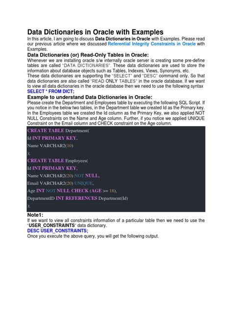 Data Dictionary Oracle SQL Examples 的图像结果