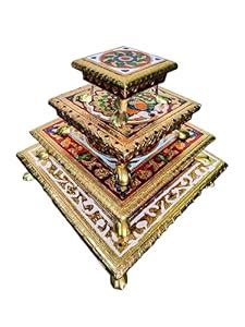 Kailash Enterprises Minakari Pooja Chowki | Wooden Bajot - Set of 3 (4 ...