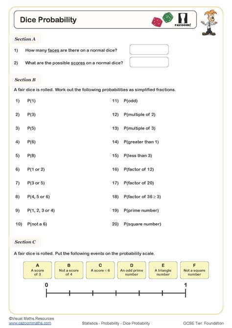 Dice Probability Worksheet | Cazoom Maths Worksheets