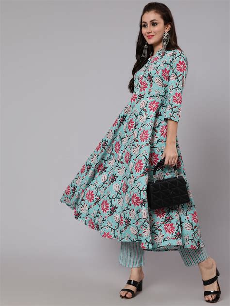 Printed Cotton Calf Length straight 3/4 Sleeve Round Neck Printed Kurt ...