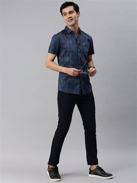 CP BRO Men's Cotton Half Sleeve Printed Slim Fit Collar Neck Navy Blue