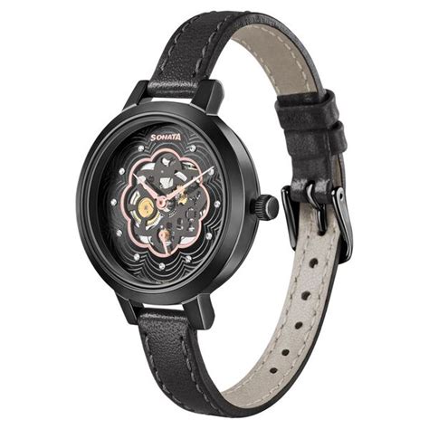 Buy Online Sonata Unveil Black Dial Women Watch With Leather Strap ...