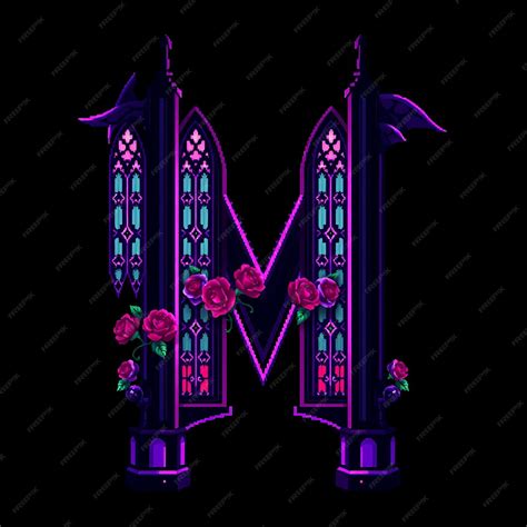 Gothic Pixel Art Letter M High Cathedral Arches With Pixelated Roses ...