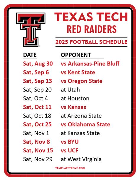 Printable 2025 Texas Tech Red Raiders Football Schedule