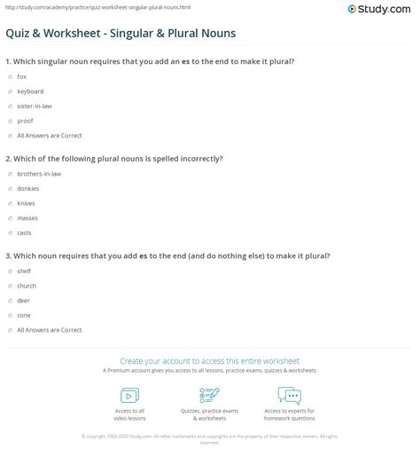 Quiz & Worksheet - Singular & Plural Nouns | Study.com