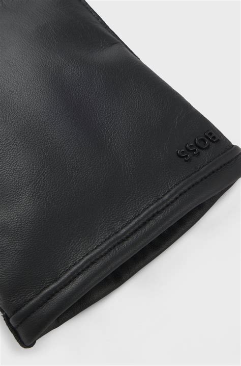 BOSS - Grained-leather gloves with wool lining and metallic logo - Black