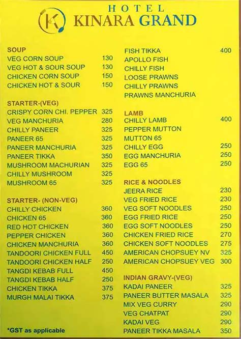 Menu at Hotel Kinara Grand, Hyderabad, Vaishnavi Complex