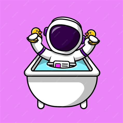 Cute astronaut playing yellow duck toy in bathtub cartoon vector icon ...