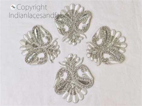 8 Pc Handmade Silver Patch- 4 Inch, Indian Sew on Gold Embroidery Rhin ...