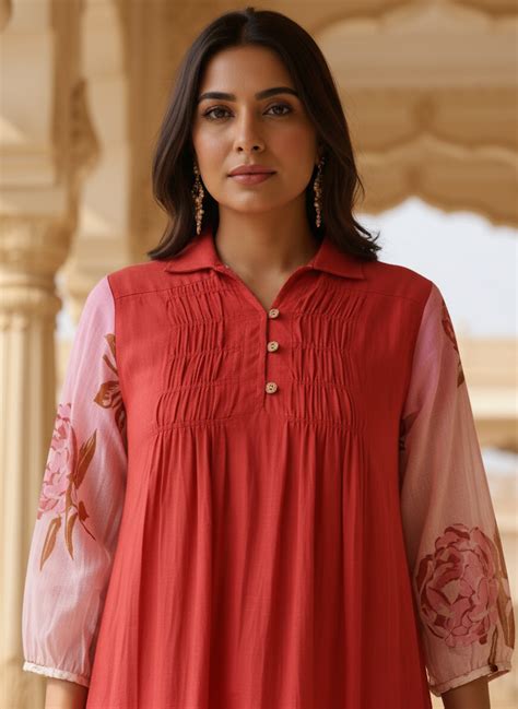 Pink & Red Ombre Rose Print Cotton Dress with Pleated Yoke & Shirt Col ...
