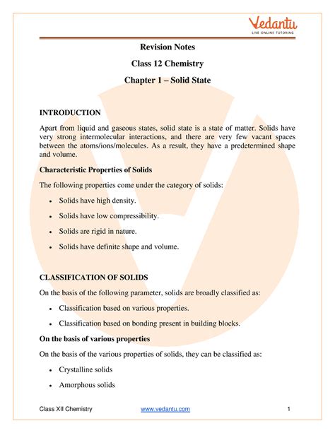 Class 12 Chemistry Revision Notes The Solid State - Revision Notes ...