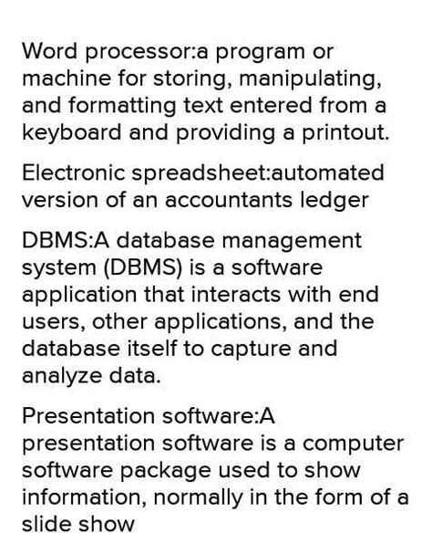Write very short note on: 1.word processor 2.electronic spreadsheet 3 ...