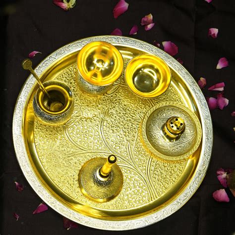 Brass Two Toned 7Pc Pooja Set (10" Plate)