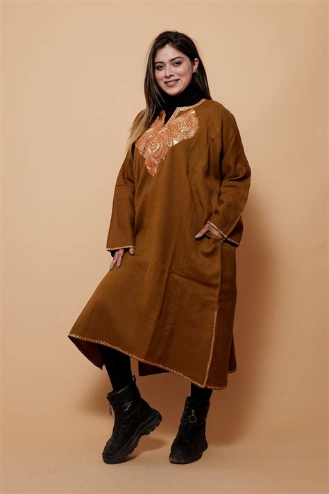 Brown color kashmiri work embroidered phiran enriched with zari