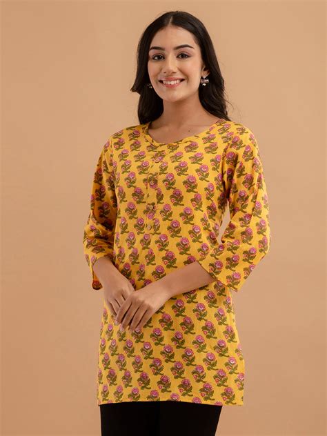 Women Yellow Cotton Printed Short Kurti – feranoid
