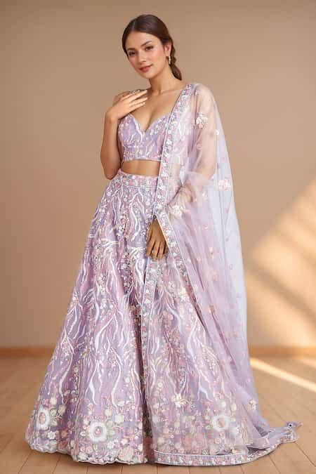 Buy Purple Net, Linen Sequins, Stones, Zari Floral Vine Embroidered ...