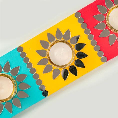 Multi Color Wooden Tealight Holder With Mirror Work – BlessGifters