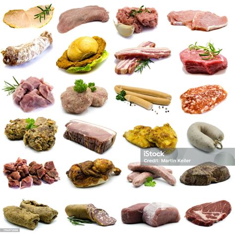 Different Types Of Meat And Sausage In Collage Isolated On White ...