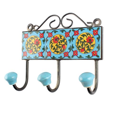 Turquoise Red Flower Ceramic Tiles Hooks
