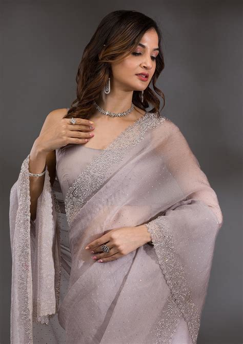 Buy Grey Silver Stonework Tissue Saree - Koskii