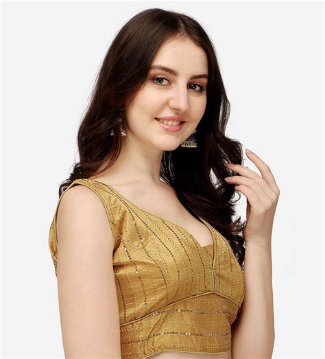 Pujia Mills Women's Sequin Embroidered V Neck Sleeveless Readymade Sar