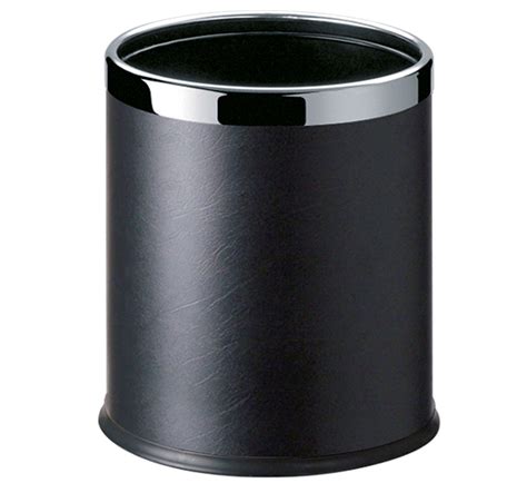 Brown round iron and leather room dustbin with open top