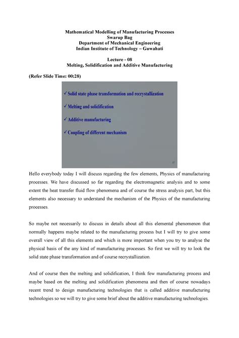 Lec8 - Mathematical Modelling of Manufacturing Processes Swarup Bag ...