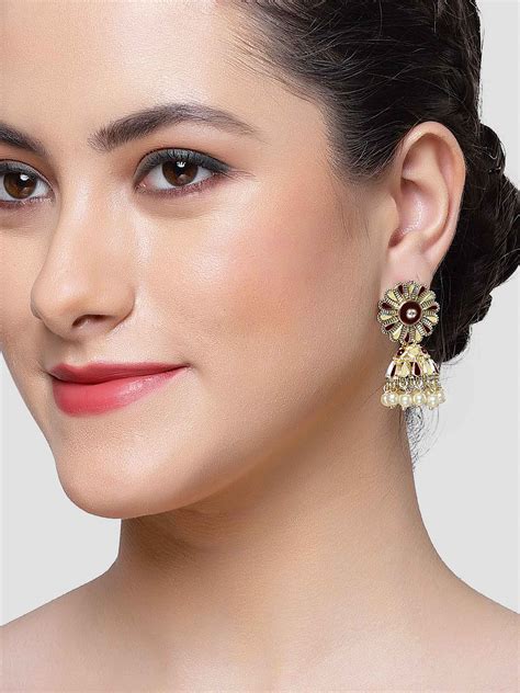 KARATCART Gold Plated Enamel Jhumki Brown and Cream Earrings for Women