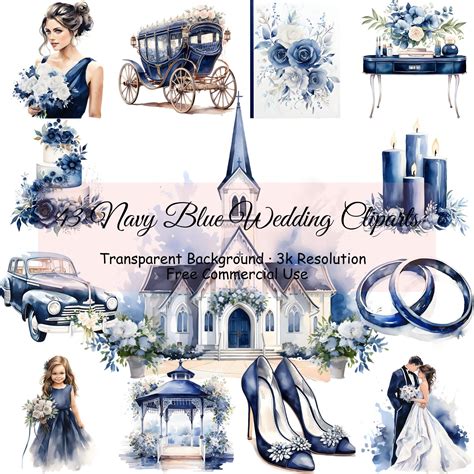 Set of 43 Navy Blue Wedding Day Clipart Bundle Watercolor, Transparent ...